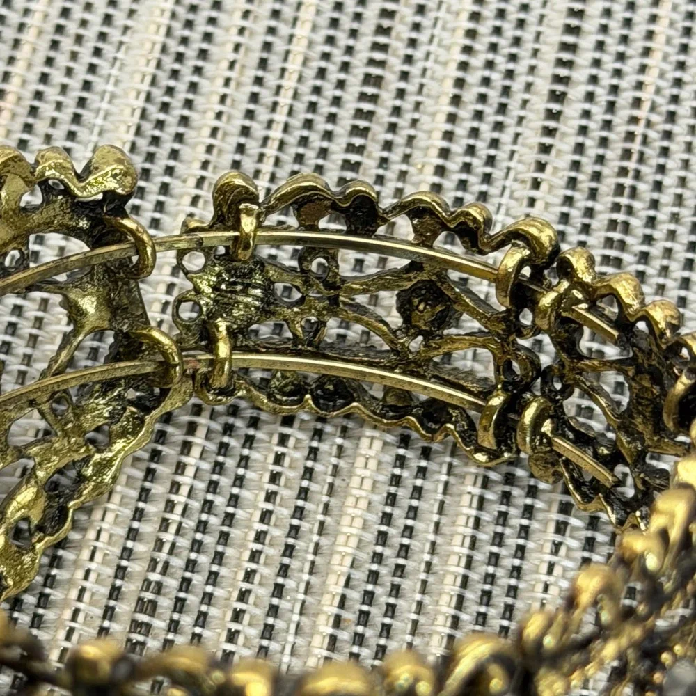 Vintage Victorian Revival Cameo Clamper Bracelet Rhinestone Gold Tone Filigree
